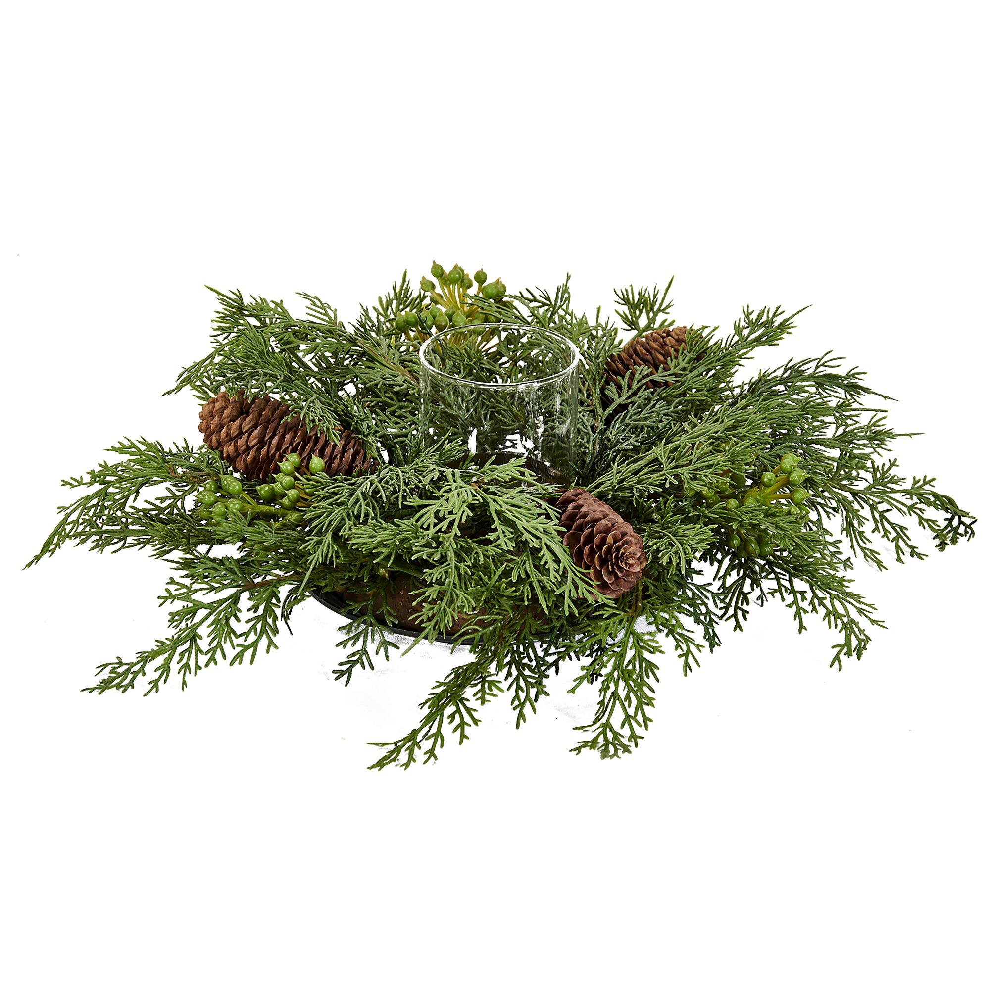 15" Christmas Cypress Centerpiece with Pinecones & Votive Holder